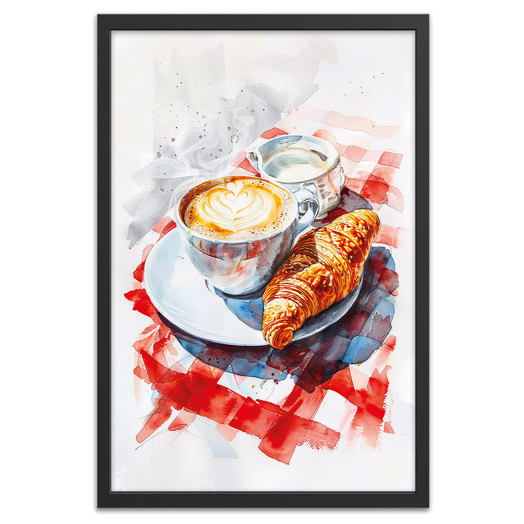 Café croissant affiche cadre noir