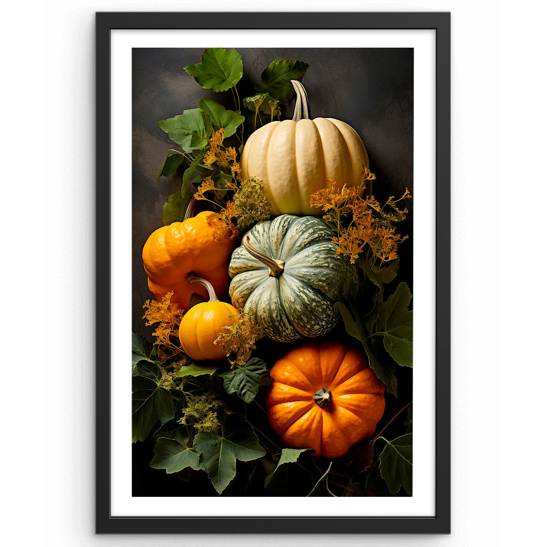 Citrouilles et feuilles vertes