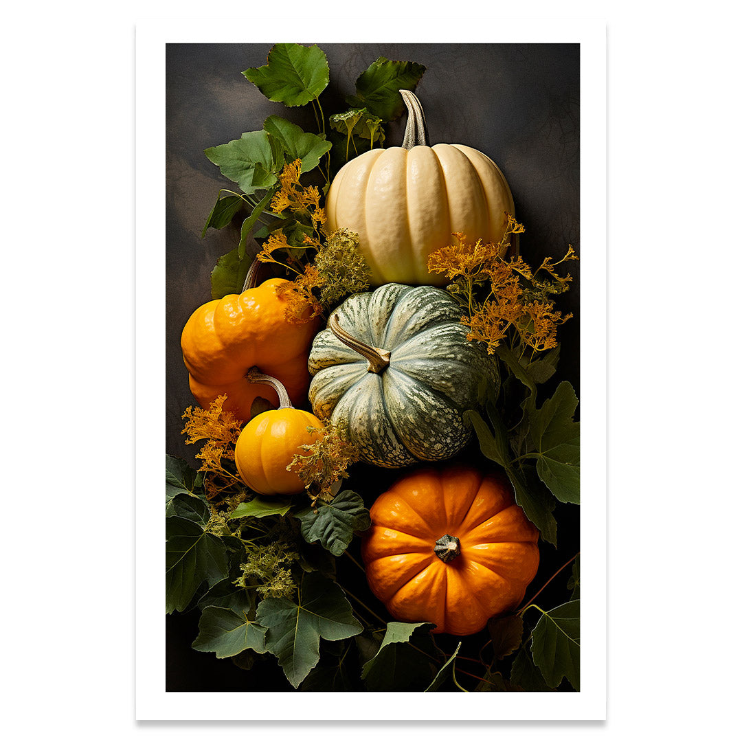 Citrouilles et feuilles vertes